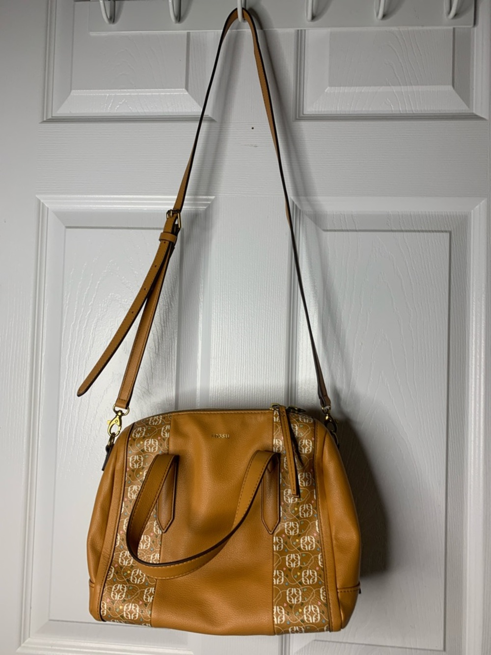 Fossil Tan Leather Logo-Trim Convertible Shoulder Bag